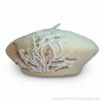 Women's Wool Knit Hat, Beret Style, Pearl Flower, Available in Various Colors